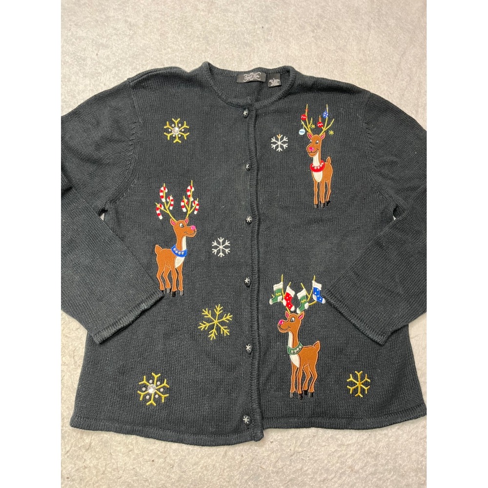 Crystal Kobe Reindeer Snowflake‎ Christmas Cardigan Sweater Black Womens Large